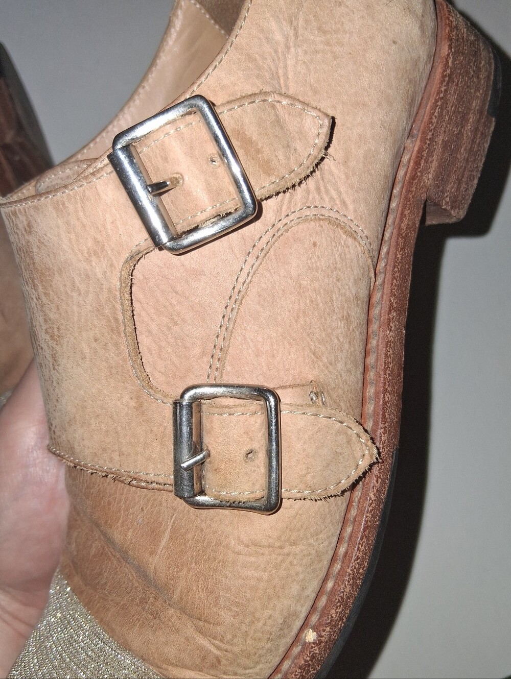 The Office of Angela Scott Tan Leather Double Monk Strap, Metallic Sparkle Toe